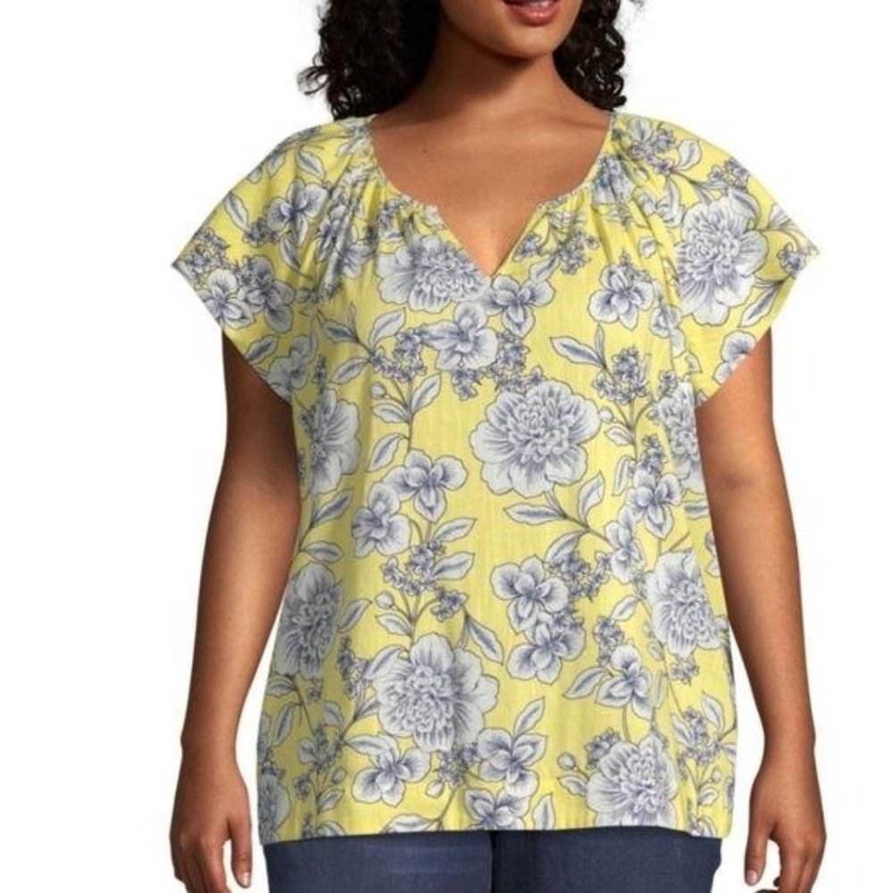St.John's Flowy Blouse Womens Size 0X Yellow Floral Print Short Sleeve Tunic